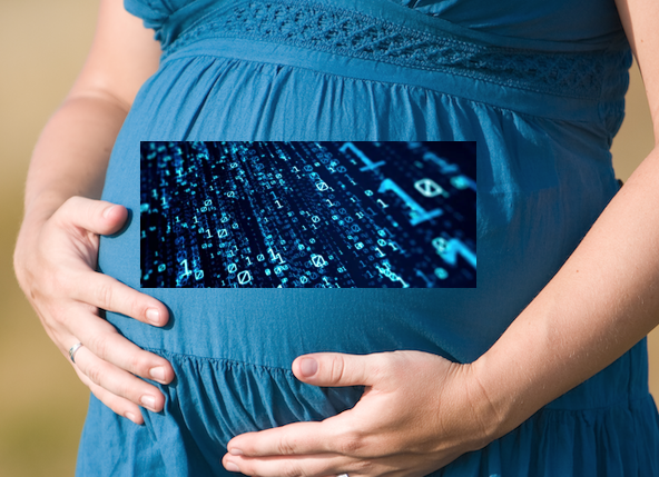 Pregnant woman's belly with data stream inside