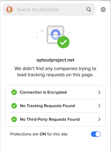 DuckDuckGo Privacy Essentials page rating: connection encrypted, no tracking requests found, no third party requests. no companies are trying to load tracking requests on this page.