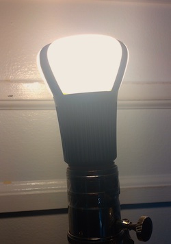 Environmentally friendly lightbulb, lit up.