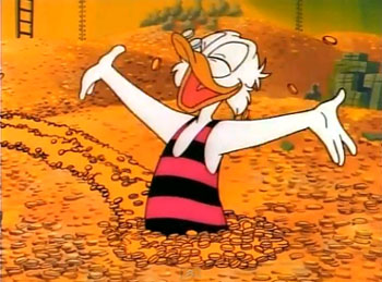 Scrooge McDuck swimming in gold coins